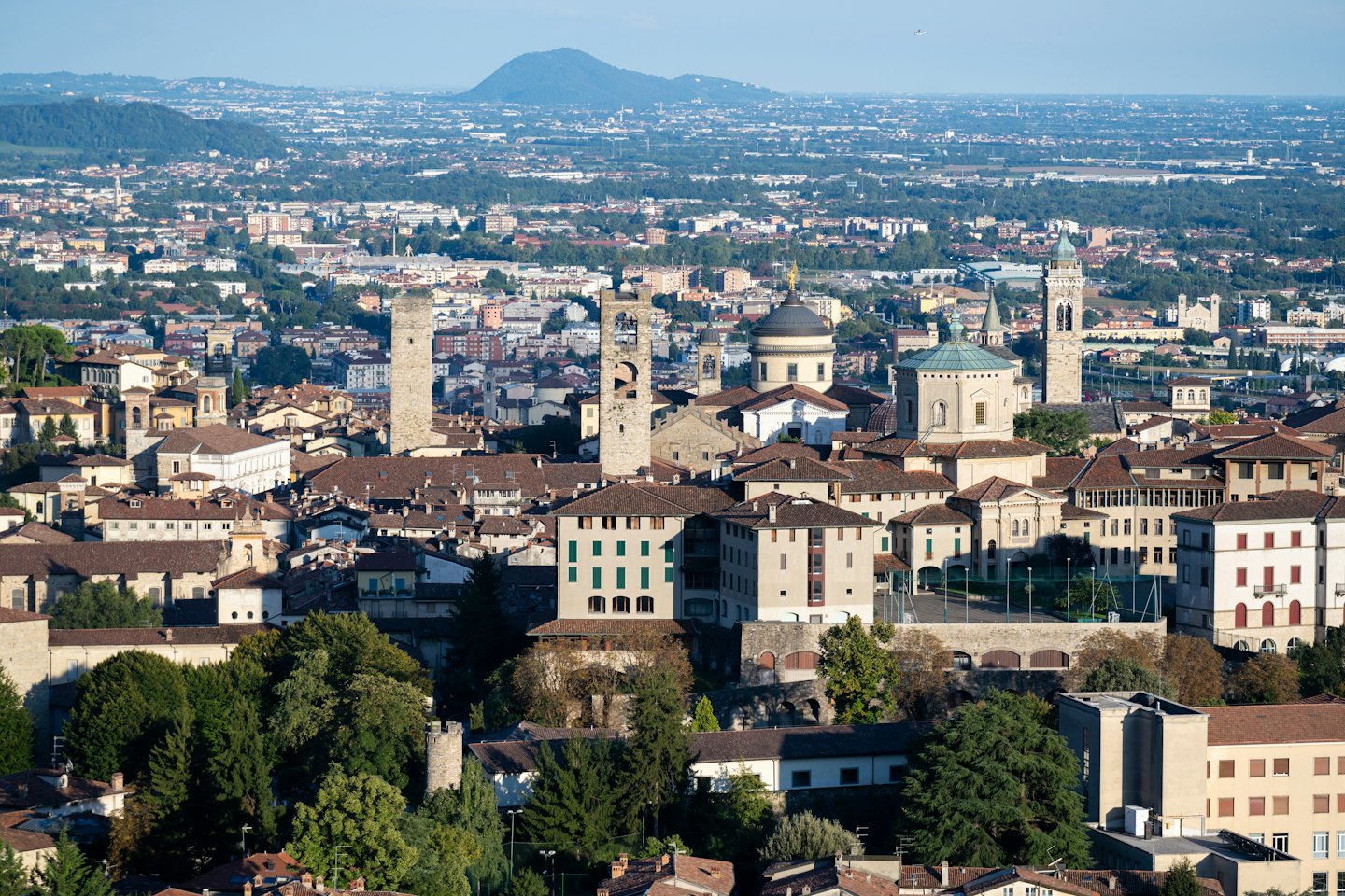 Città storica con tetti in terracotta immersa tra alberi verdi.
